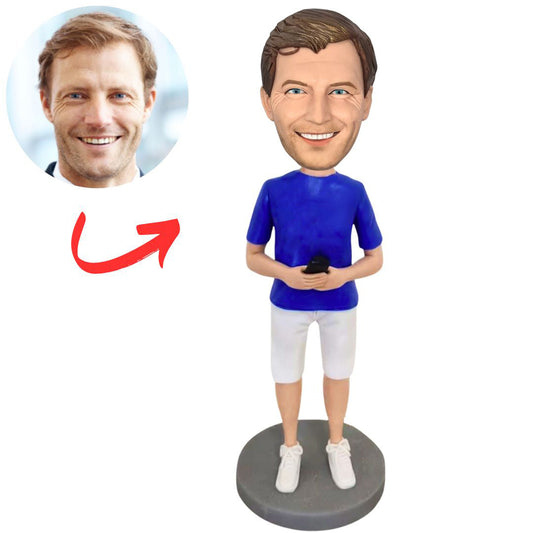 Blue Shirt Man Holding Phone Custom Bobbleheads