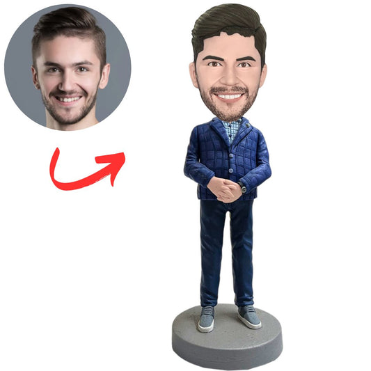 Modern Man in Blue Plaid Jacket Custom Bobbleheads