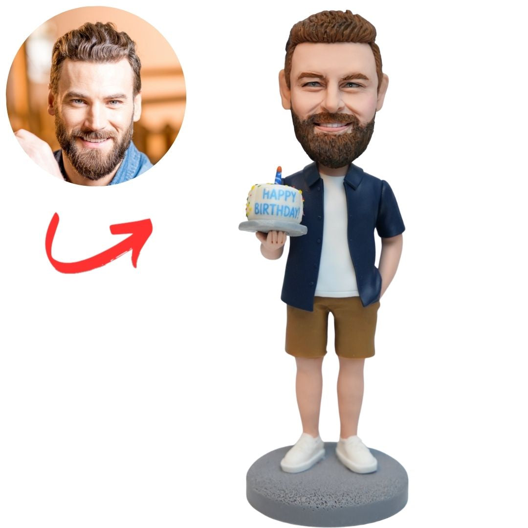 Birthday Man in Navy Shirt and Shorts Holding Cake Custom Bobblehead