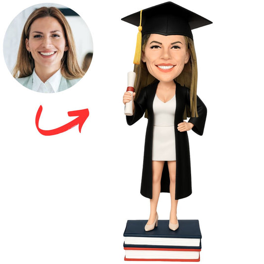 Graduation Girl in Black Gown Holding Diploma Custom Bobbleheads