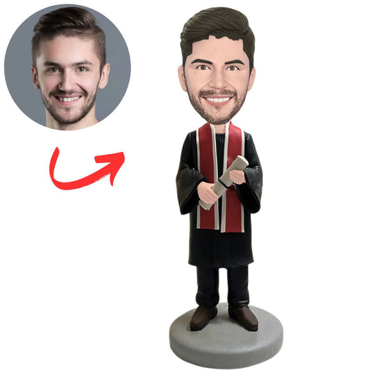 Graduation Boy in Black Gown with Red Stole Custom Bobbleheads