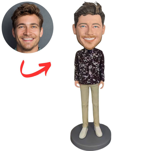 Stylish Man in Floral Shirt And Khaki Pants Custom Bobbleheads
