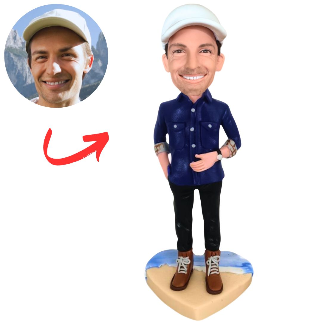 Man on Heart Shaped Beach Pedestal Custom Bobbleheads