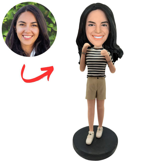 Casual Girl in Striped Shirt Custom Leisure Bobbleheads