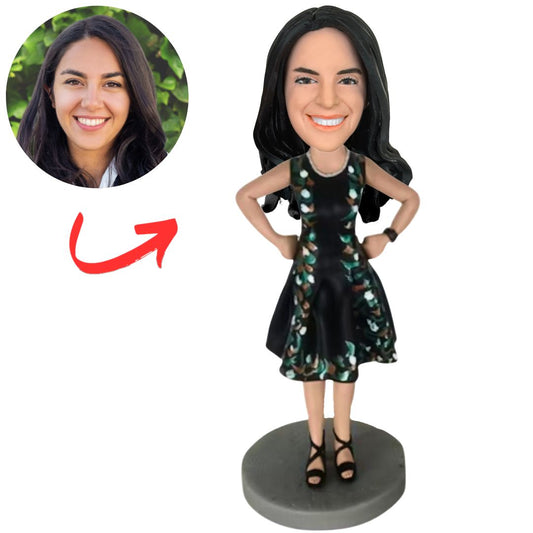 Girl in Black Floral Dress Custom Bobbleheads