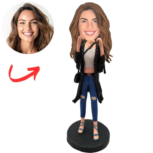 Woman in Fringe Jacket And Ripped Jeans Custom Bobbleheads