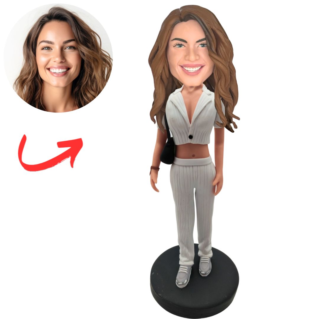 Woman in White Crop Suit And Sneakers Custom Bobbleheads