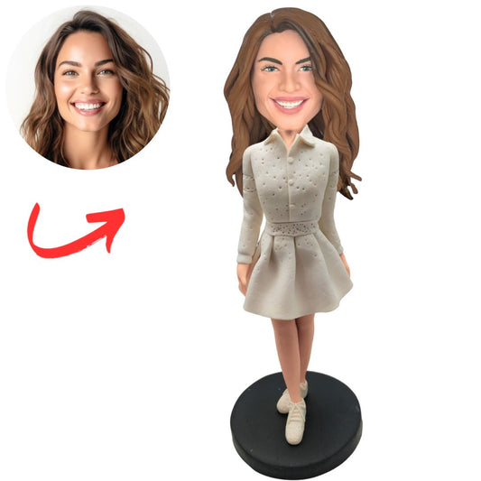 Women in Elegant White Button-Up Dress Custom Bobbleheads
