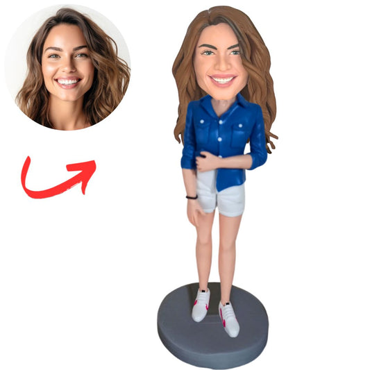 Casual Style Woman with Denim Top Custom Bobbleheads