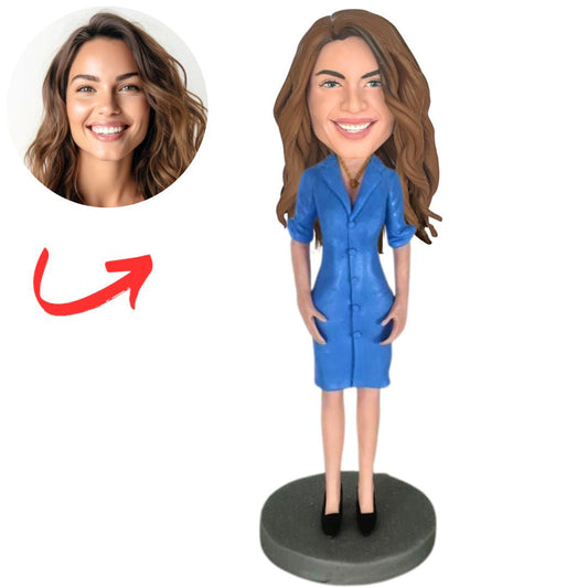 Woman in Elegant Blue Office Dress Custom Bobbleheads