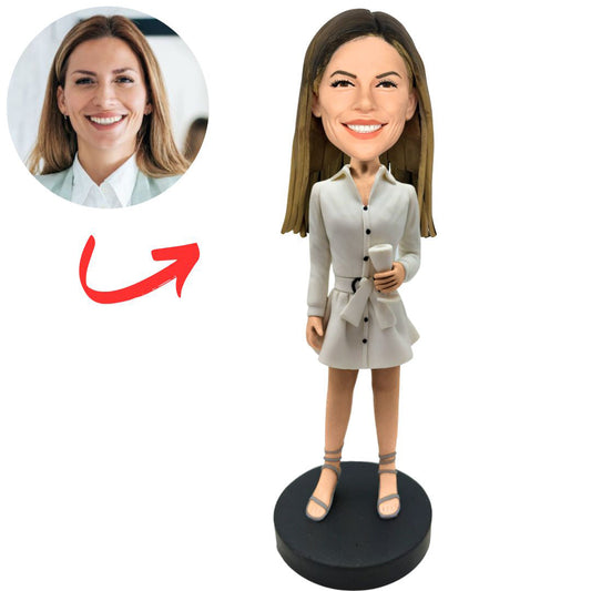 Woman in White Belted Dress Custom Bobbleheads