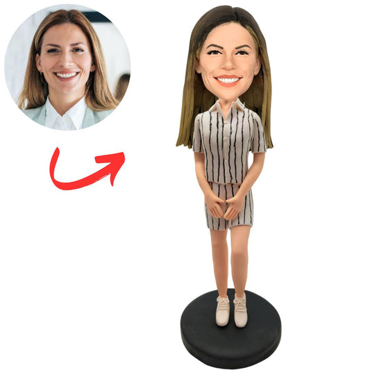 Woman in Striped Shirt and Skirt Set Custom Bobbleheads