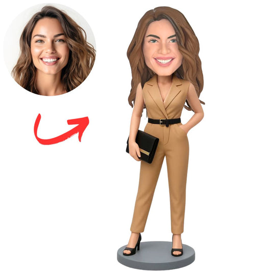 Modern Elegance in Beige Jumpsuit Women Custom Bobbleheads