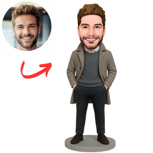 Stylish Man in Gray Trench Coat Custom Bobbleheads