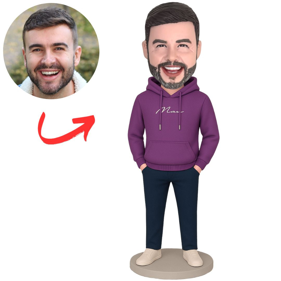 Stylish Man Wearing Purple Hoodie Custom Bobbleheads
