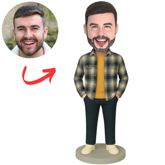 Man Wearing Plaid Shirt with Hands Pockets Custom Bobbleheads