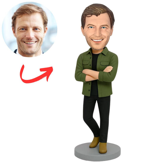 Man in Green Jacket with Arms Crossed Custom Bobbleheads