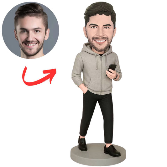 Stylish Man Taking a Walk Holding Phone Custom Bobbleheads