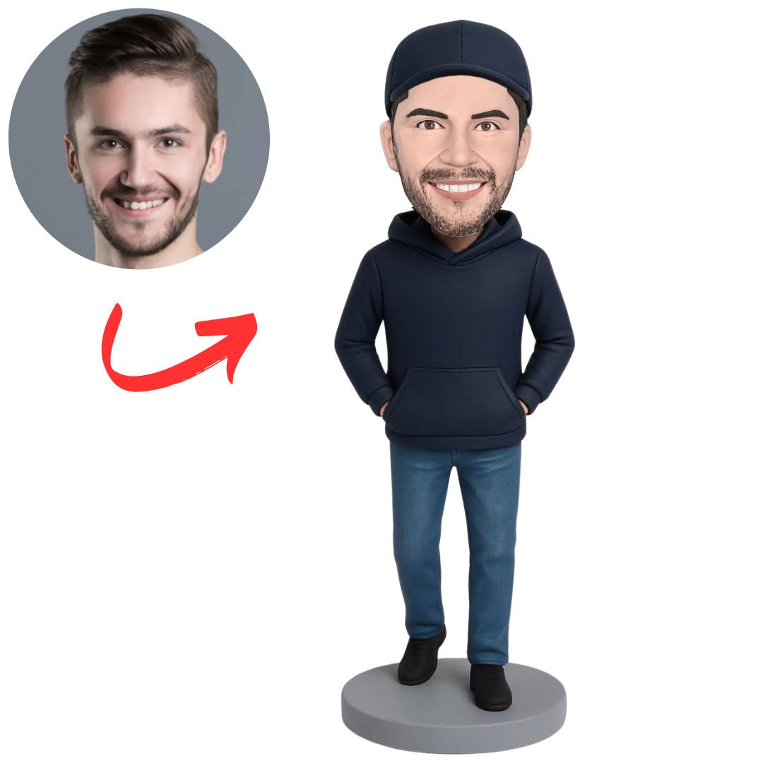 Casual Man in Navy Blue Hoodie Custom Bobbleheads