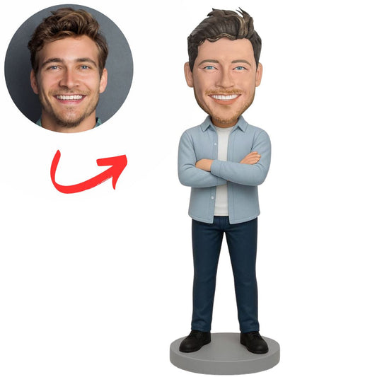 Man in Blue Coat with Arms Crossed Custom Bobbleheads