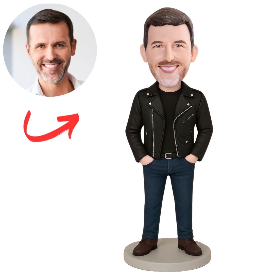 Handsome Man in Black Leather Jacket Custom Bobbleheads