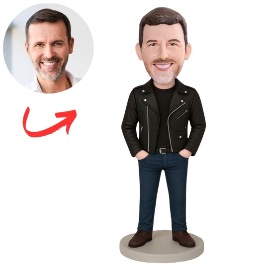 Handsome Man in Black Leather Jacket Custom Bobbleheads