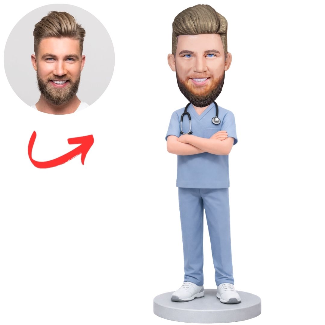 Cool Male Nurse in Blue Scrub Custom Bobbleheads