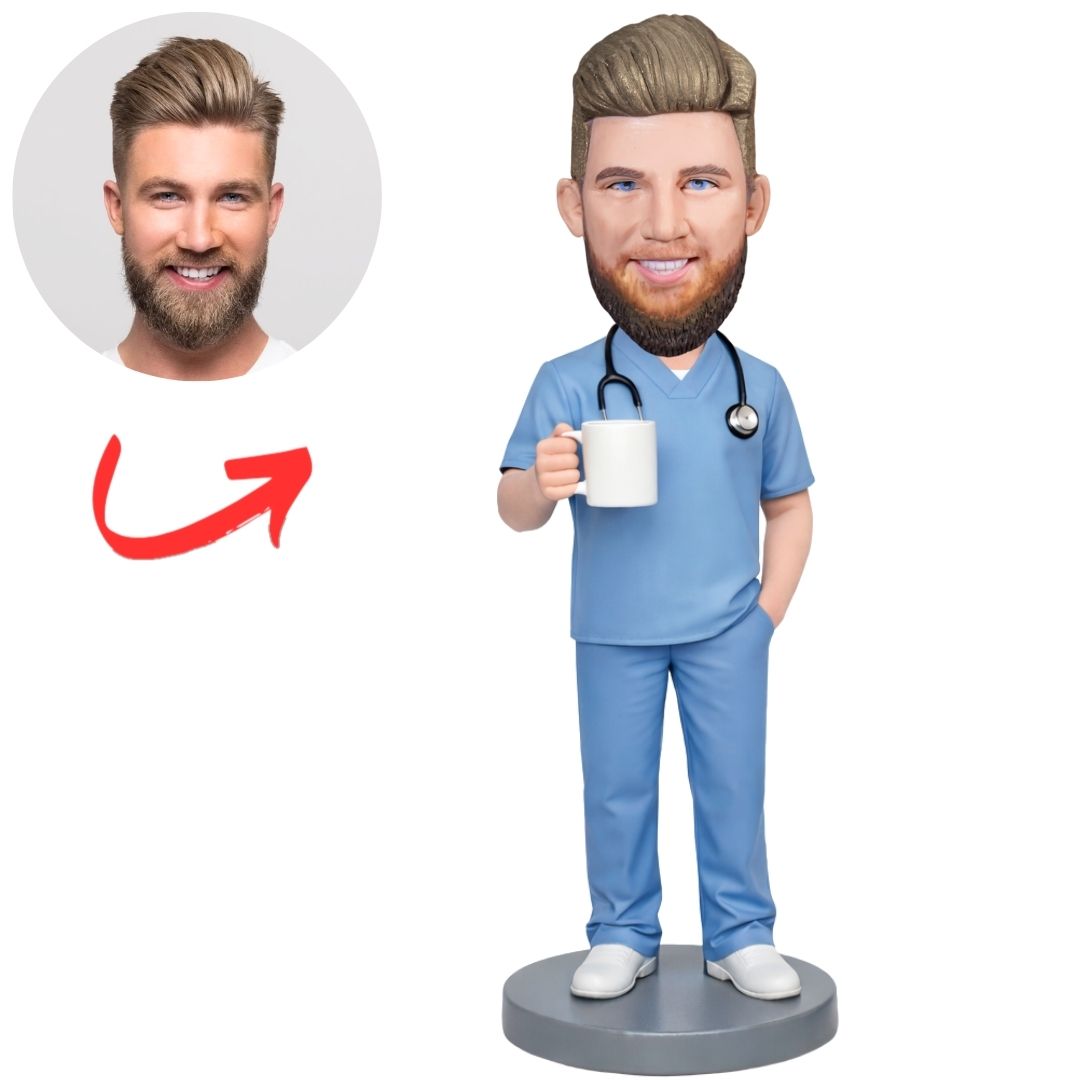 Male Nurse in Blue Scrub Holding Cup Custom Bobbleheads