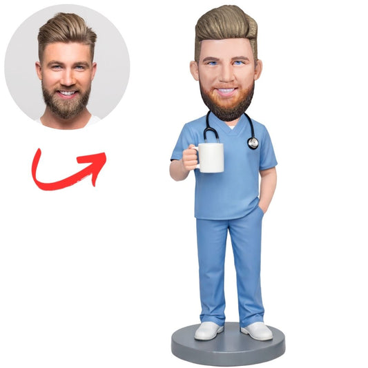 Male Nurse in Blue Scrub Holding Cup Custom Bobbleheads