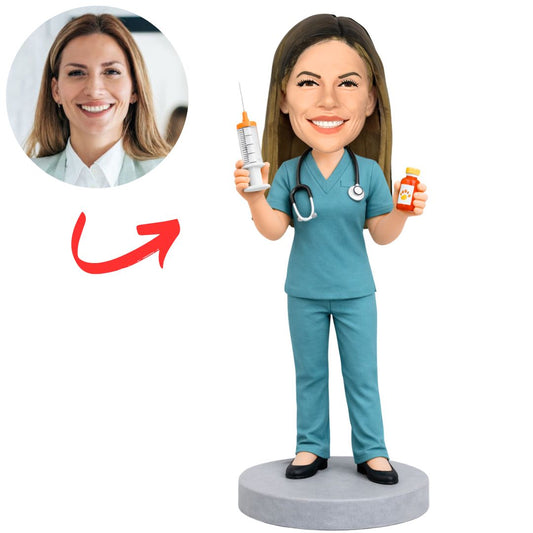 Female Veterinarian Doctor Holding Medicine Bottles Custom Bobbleheads