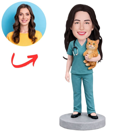 Female Veterinarian Doctor Holding Cat Personalized Bobbleheads