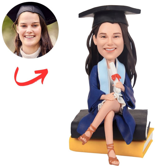 Graduation Girl Sitting on Books Custom Bobbleheads Graduation Gifts