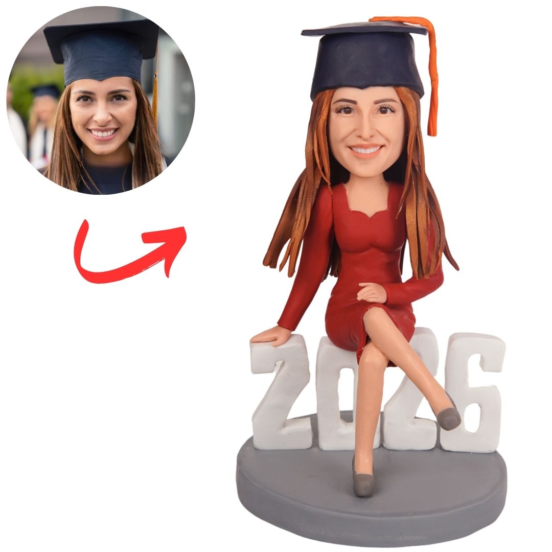 Bobbleheads Gifts 2026 Female Graduate in Red Dress Sitting on 2026 Numbers Custom Bobbleheads