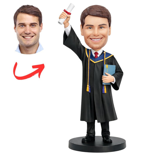 Male Graduate with Raised Certificate & Honor Cords Custom Bobbleheads