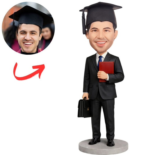 Graduate Wearing Dark Blue Suit Custom Bobbleheads Graduation Gifts