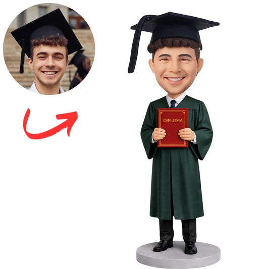 Graduation Man Holding Diploma in Green Graduation Gown Custom Bobbleheads