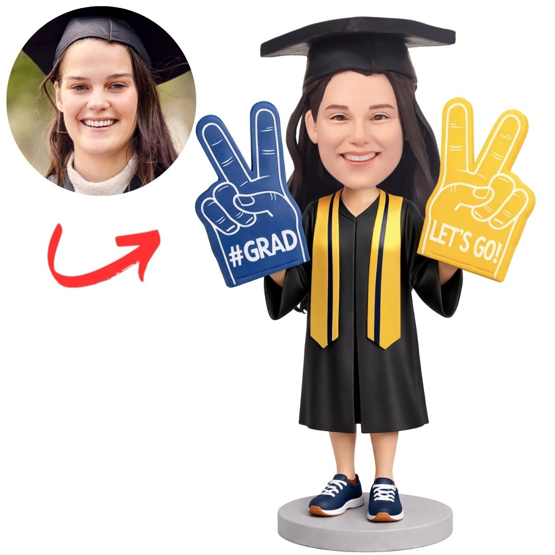 Graduation Girl Black Gown with Gold Stole Custom Bobbleheads
