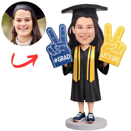 Graduation Girl Black Gown with Gold Stole Custom Bobbleheads