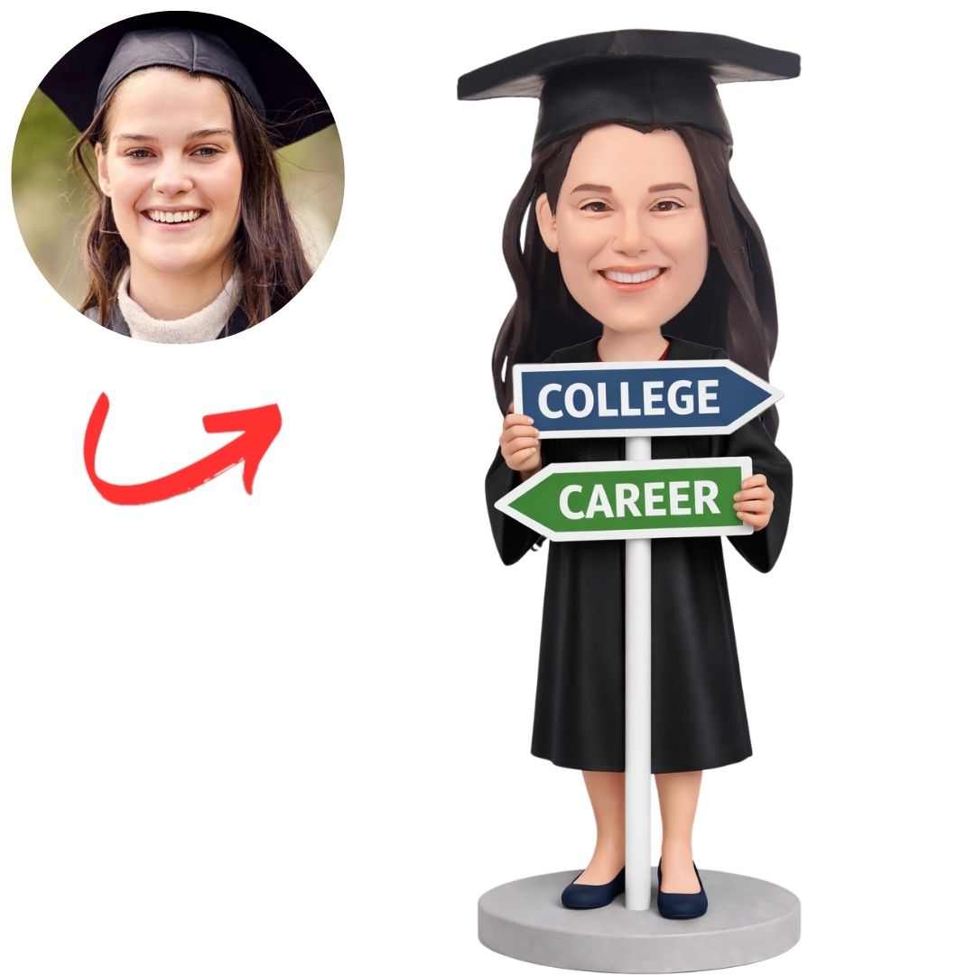Graduation Woman with College & Career Signpost Custom Bobbleheads