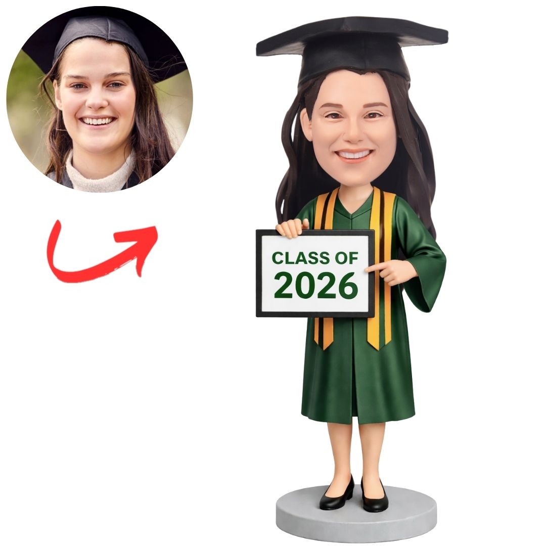 Female Graduation Holding Class of 2026 Sign Custom Bobbleheads
