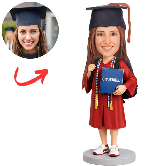 Graduation Woman in Red Gown with Backpack Custom Bobbleheads