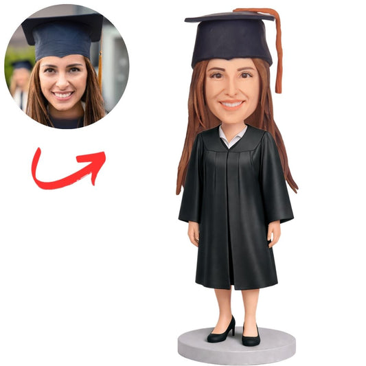 Graduation Girl in Classic Black Cap & Gown Custom Bobbleheads