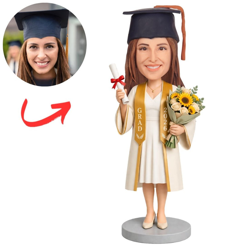 Bobbleheads Gifts 2026 Graduate in Cream Dress Holding Diploma and Bouquet Custom Bobbleheads