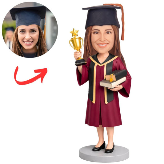 Female Graduation Figure Holding Trophy & Books Custom Bobbleheads
