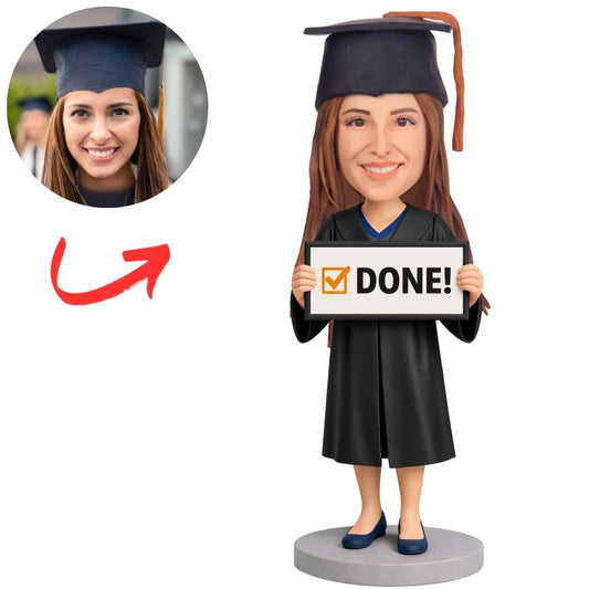 Graduation Girl Holding DONE Sign Custom Bobbleheads
