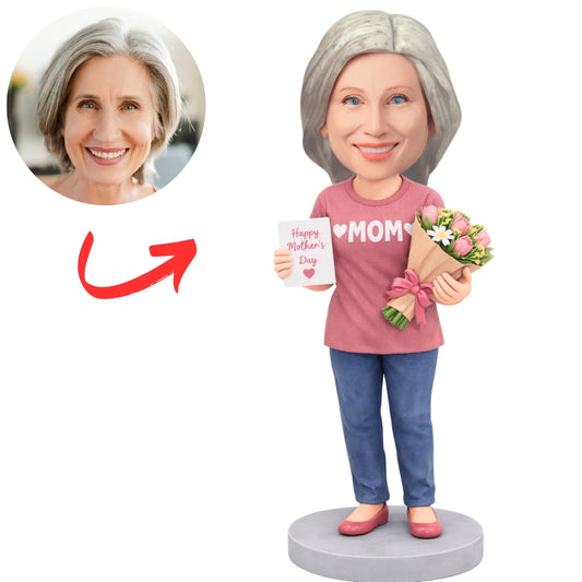 Mom Holding Flowers and Greeting Card Custom Bobbleheads