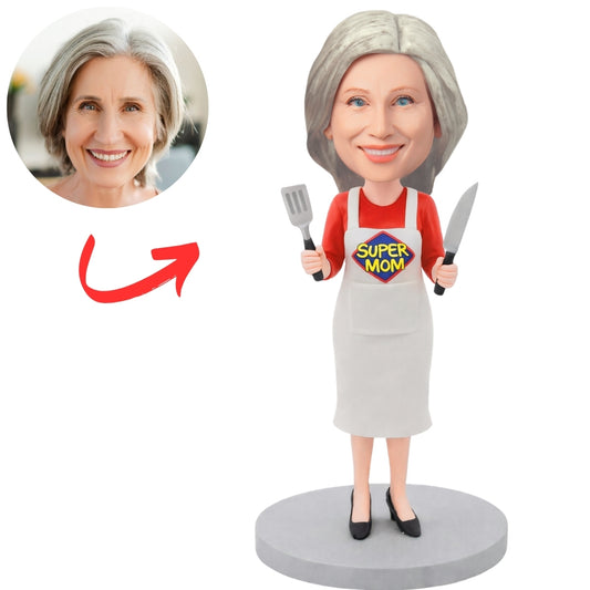 Super Mom Holds knife and Spatula Custom Bobbleheads