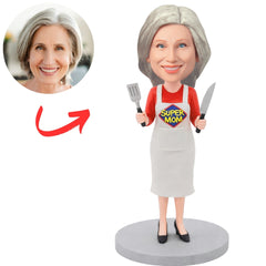 Super Mom Holds knife and Spatula Custom Bobbleheads