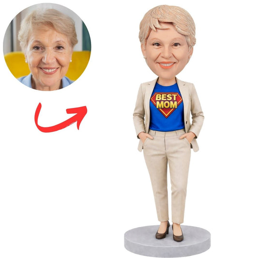 Business Super Mom in Khaki Suit Custom Bobbleheads