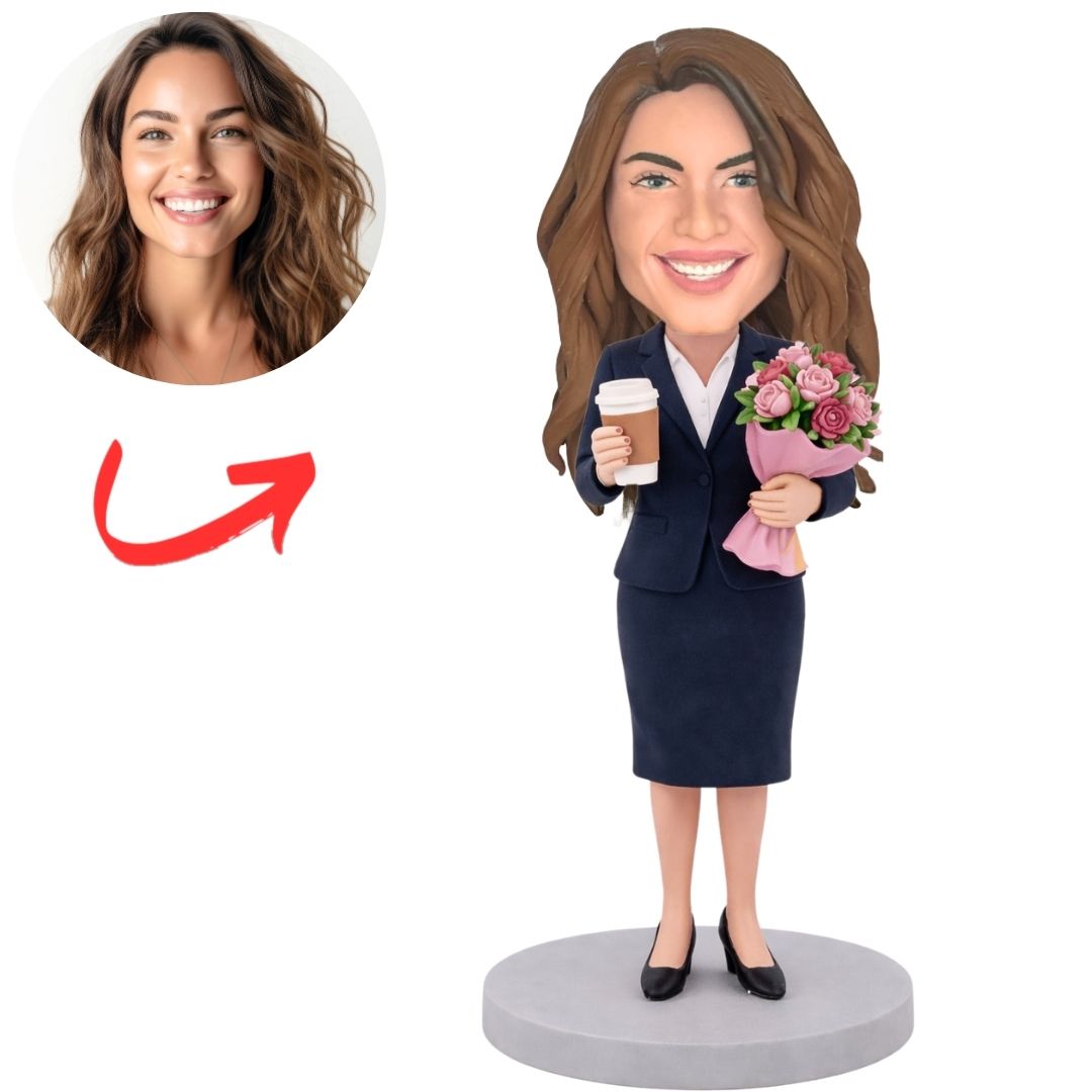 Business Woman Holding Flowers and Coffee Custom Bobbleheads